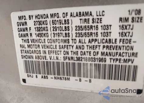 2008 Honda Odyssey Lx from USA, damaged, VIN 5FNRL38218B031969